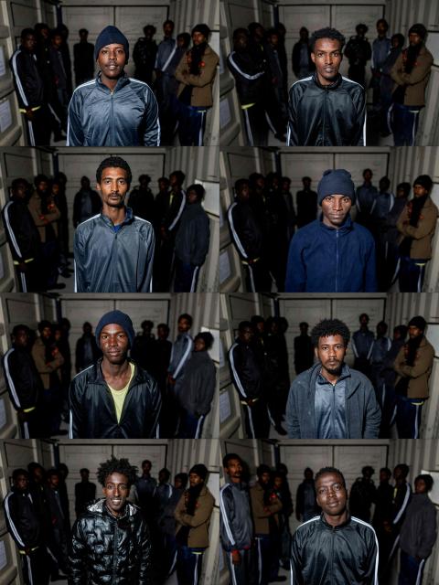 (COMBO) This combination of pictures created on January 7, 2026 shows
(L-R, top to bottom) Abdirahman, a 25-year-old Somali migrant, Nasir, a 20-year-old Somali migrant, Manzoul, a 24-year-old Sudanese migrant, 
Hamid, a 26-year-old Sudanese migrant,  Ahmad, a 21-year-old Sudanese migrant, Ammar, a 26-year-old Sudanese migrant, Deck, a 20-year-old Somali migrant, abd Farah, a Sudanese migrant, all posing for a photograph onboard the rescue ship "Ocean Viking" as it sails toward the designated port of disembarkation in Savona, northwestern Italy, on January 3, 2026.. On December 31, 2025, the migrants rescue ship "Ocean Viking" operated by the NGO SOS Mediterranee, rescued 33 migrants. They had been stranded on the oil tanker the 'Maridive 703' for 5 days in the joint search zone between Malta and Tunisia in international Mediterranean waters. (Photo by Sameer Al-DOUMY / AFP)