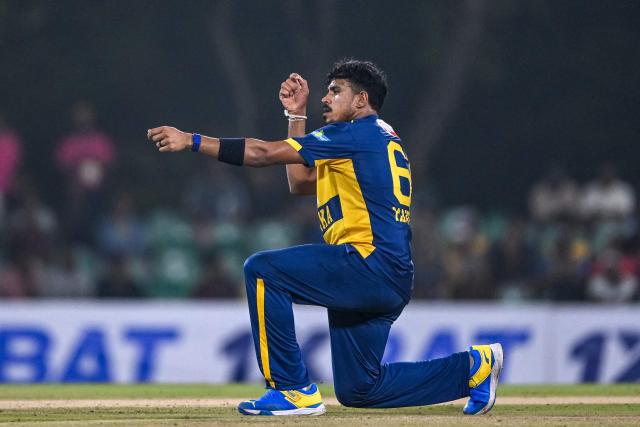 Sri Lanka's Maheesh Theekshana celebrates after taking the wicket of Pakistan's Saim Ayub during the first Twenty20 international cricket match between Sri Lanka and Pakistan at the Rangiri Dambulla International Stadium in Dambulla on January 7, 2026. (Photo by Ishara S. KODIKARA / AFP)