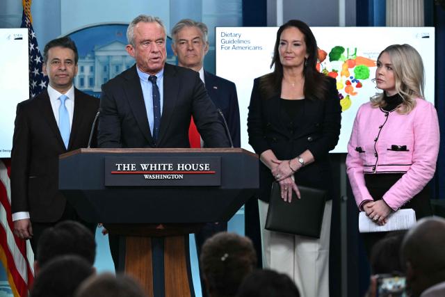 Secretary of Health and Human Services Robert F. Kennedy Jr. speaks during the daily briefing in the Brady Briefing Room of the White House in Washington, DC, on January 7, 2026. Also pictured, L/R, FDA Commissioner Marty Makary, Medicare and Medicaid Administrator Mehmet Oz, Secretary of Agriculture Brooke Rollins, and White House Press Secretary Karoline Leavitt. (Photo by Mandel NGAN / AFP)