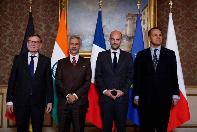 (From L) German Foreign Minister Johann Wadephul, Indian Foreign Minister Subrahmanyam Jaishankar, French Foreign Affairs Minister Jean-Noel Barrot and Polish Minister of Foreign Affairs Radoslaw Sikorski pose for a family photo as part of a Weimar Triangle and India foreign ministers meeting at the French Foreign ministry in Paris, on January 7, 2026. The Indian Foreign Minister Jaishankar has been invited to join the meeting of the Weimar Triangle foreign ministers in Paris. (Photo by Yoan VALAT / POOL / AFP)