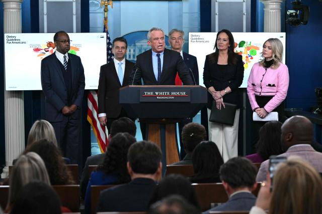Secretary of Health and Human Services Robert F. Kennedy Jr. speaks during the daily briefing in the Brady Briefing Room of the White House in Washington, DC, on January 7, 2026. Also pictured, L/R, retired neurosurgeon Ben Carson, FDA Commissioner Marty Makary, Medicare and Medicaid Administrator Mehmet Oz, Secretary of Agriculture Brooke Rollins, and White House Press Secretary Karoline Leavitt. (Photo by Mandel NGAN / AFP)