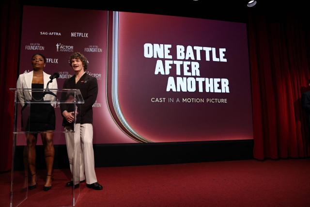 (L/R) US actress Janelle James and US actor Connor Storrie announce "One Battle After Another" as a nominee for Best Cast in a Motion Picture during the 32nd Annual Actors Awards nominations announcement at the SAG-AFTRA Foundation's Tom Hanks & Rita Wilson theatre in Los Angeles on January 7, 2026. (Photo by VALERIE MACON / AFP)