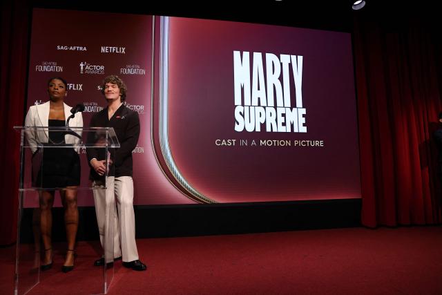 (L/R) US actress Janelle James and US actor Connor Storrie announce "Marty Supreme" as a nominee for Best Cast in a Motion Picture during the 32nd Annual Actors Awards nominations announcement at the SAG-AFTRA Foundation's Tom Hanks & Rita Wilson theatre in Los Angeles on January 7, 2026. (Photo by VALERIE MACON / AFP)