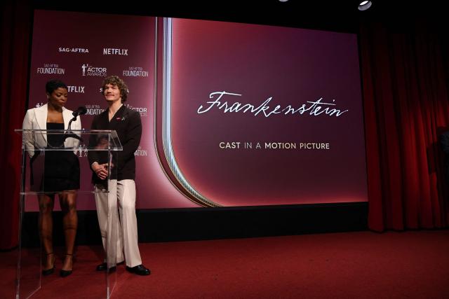 (L/R) US actress Janelle James and US actor Connor Storrie announce "Frankenstein" as a nominee for Best Cast in a Motion Picture during the 32nd Annual Actors Awards nominations announcement at the SAG-AFTRA Foundation's Tom Hanks & Rita Wilson theatre in Los Angeles on January 7, 2026. (Photo by VALERIE MACON / AFP)