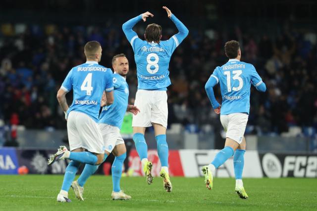 Napoli's Scottish midfielder #08 Scott McTominay celebrates scoring his team's first goal with Napoli's Dutch forward #70 Noa Lang during the Italian Serie A football match between Napoli and Hellas Verona at the Diego Armando Maradona stadium in Naples on January 7, 2026. (Photo by Carlo Hermann / AFP)