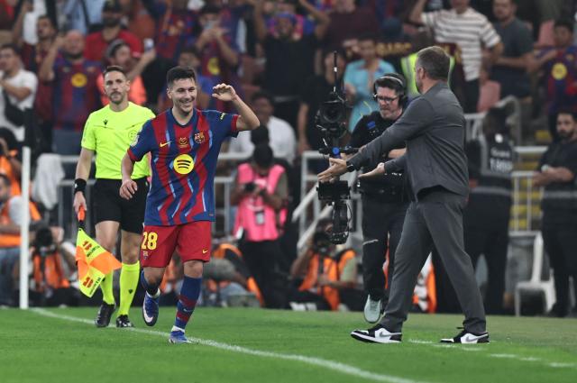 Barcelona's Swedish forward #28 Roony Bardghji celebrates after scoring his team's third goal during the Spanish Supercup semi-final football match between FC Barcelona and Athletic Bilbao at King Abdullah Sports City in Jeddah on January 7, 2026. (Photo by Fadel SENNA / AFP)