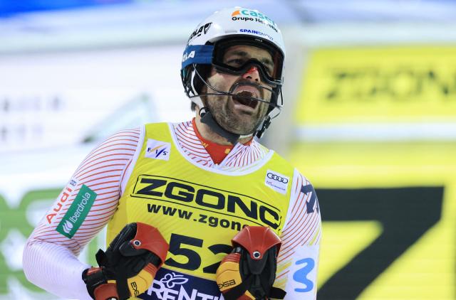 Spain's Joaquim Salarich Baucells reacts in the finish area of the Men's Slalom event, part of the FIS Alpine Ski World Cup 2025-2026, in Madonna di Campiglio, northern Italy, on January 7, 2026. (Photo by Pierre TEYSSOT / AFP)