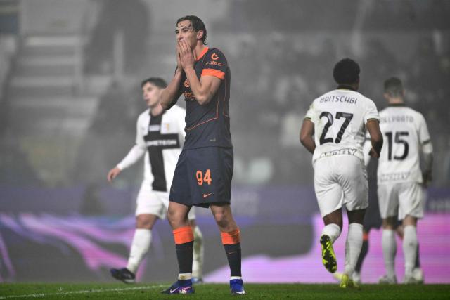 Inter Milan's Italian forward #94 Pio Esposito reacts during the Italian Serie A football match between Parma and Inter Milan at the Ennio Tardini stadium in Parma on January 7, 2026. (Photo by Marco BERTORELLO / AFP)