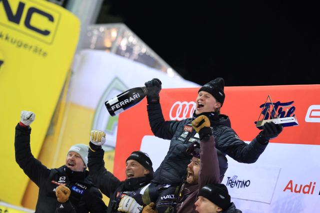Second placed Finland's Eduard Hallberg celebrates after the Men's Slalom event, part of the FIS Alpine Ski World Cup 2025-2026, in Madonna di Campiglio, northern Italy, on January 7, 2026. (Photo by Pierre TEYSSOT / AFP)