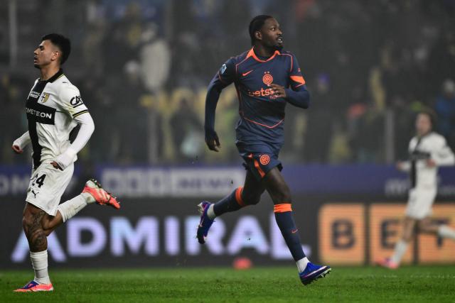 Inter Milan's French forward #9 Marcus Thuram celebrates scoring his team's second goal during the Italian Serie A football match between Parma and Inter Milan at the Ennio Tardini stadium in Parma on January 7, 2026. (Photo by Marco BERTORELLO / AFP)
