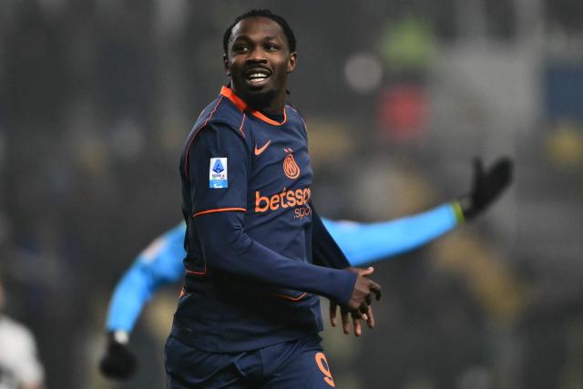 Inter Milan's French forward #9 Marcus Thuram celebrates scoring his team's second goal during the Italian Serie A football match between Parma and Inter Milan at the Ennio Tardini stadium in Parma on January 7, 2026. (Photo by Marco BERTORELLO / AFP)