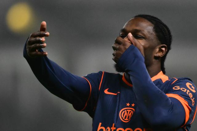 Inter Milan's French forward #9 Marcus Thuram celebrates scoring his team's second goal during the Italian Serie A football match between Parma and Inter Milan at the Ennio Tardini stadium in Parma on January 7, 2026. (Photo by Marco BERTORELLO / AFP)