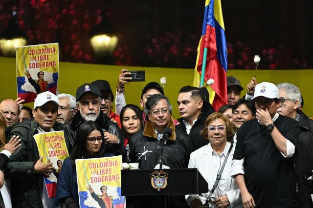 Colombia’s President Gustavo Petro gestures during the March for Sovereignty and Democracy against US President Donald Trump’s threats to Petro at Bolivar Square in Bogota on January 7, 2026. Donald Trump held his first phone call with Colombian counterpart Gustavo Petro on January 7, the foreign ministry in Bogota said, days after the US President threatened him with military action. (Photo by Luis ACOSTA / AFP)