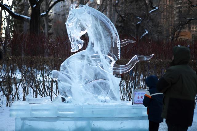 This picture taken on January 7, shows people visiting an ice sculpture at a park in Harbin, in northeastern China's Heilongjiang province. (Photo by AFP) / China OUT