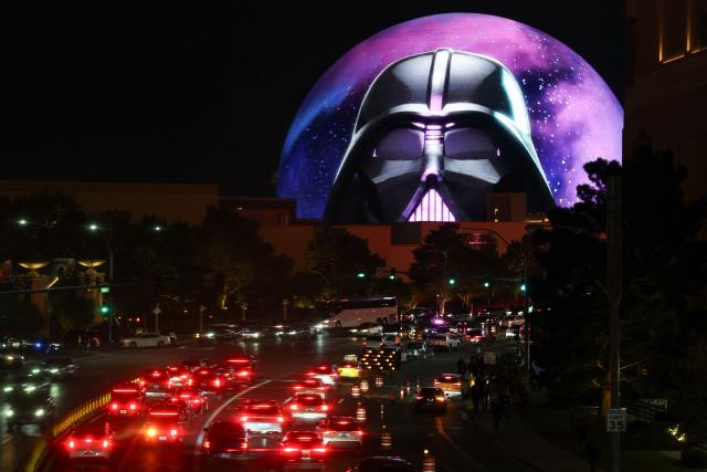 The Sphere is illuminated with Star Wars character Darth Vader to promote the LEGO SMART Brick during the annual Consumer Electronics Show (CES) in Las Vegas, Nevada on January 7, 2026. (Photo by Patrick T. Fallon / AFP)