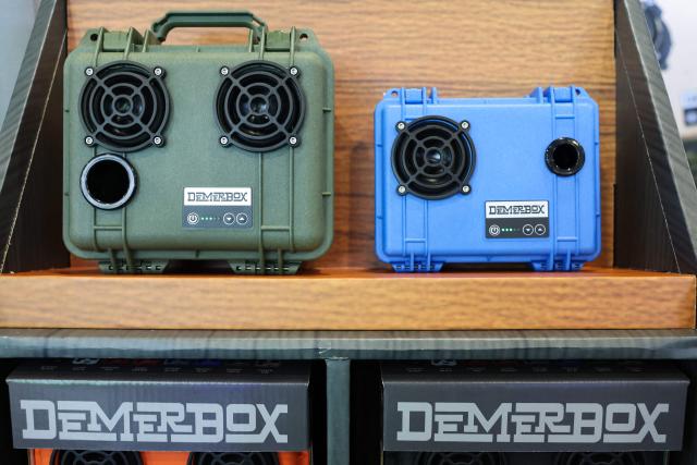 The DemerBox rugged portable waterproof bluetooth speaker built into a Pelican case is demonstrated during the annual Consumer Electronics Show (CES) in Las Vegas, Nevada on January 7, 2026. (Photo by Patrick T. Fallon / AFP)