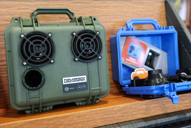 The DemerBox rugged portable waterproof bluetooth speaker built into a Pelican case is demonstrated during the annual Consumer Electronics Show (CES) in Las Vegas, Nevada on January 7, 2026. (Photo by Patrick T. Fallon / AFP)