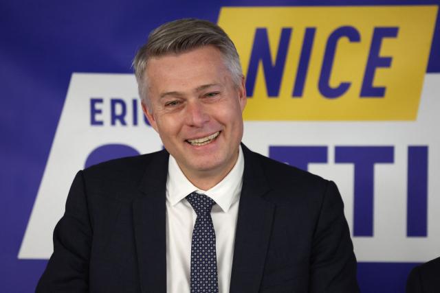 Olivier Breuilly speaks next to as he joins the President of UDR parliamentary group and candidate as a running mate during a press conference as part of Nice's local elections, in Nice southeastern France on January 8, 2026. (Photo by Valery HACHE / AFP)