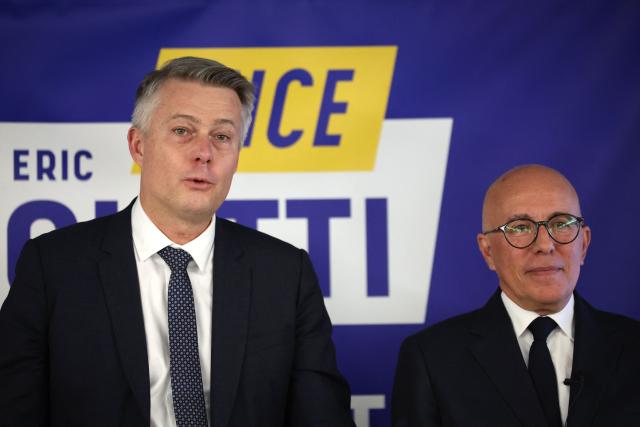 Olivier Breuilly speaks next to President of UDR parliamentary group Eric Ciotti as he joins the candidate as a running mate during a press conference as part of Nice's local elections, in Nice southeastern France on January 8, 2026. (Photo by Valery HACHE / AFP)