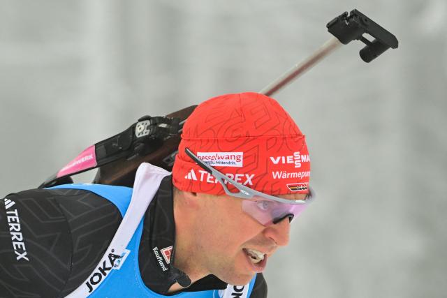 Germany's Philipp Nawrath competes during the men's 10km sprint competition of the IBU Biathlon World Cup in Oberhof, eastern Germany on January 8, 2026. (Photo by Tobias SCHWARZ / AFP)