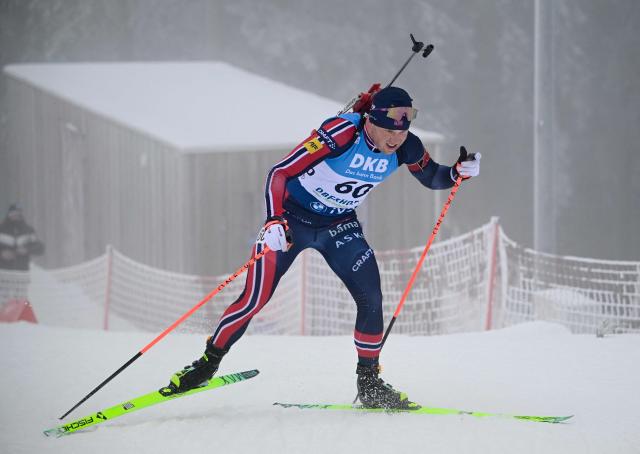 Norway's Johannes Dale-Skjevdal competes during the men's 10km sprint competition of the IBU Biathlon World Cup in Oberhof, eastern Germany on January 8, 2026. (Photo by Tobias SCHWARZ / AFP)