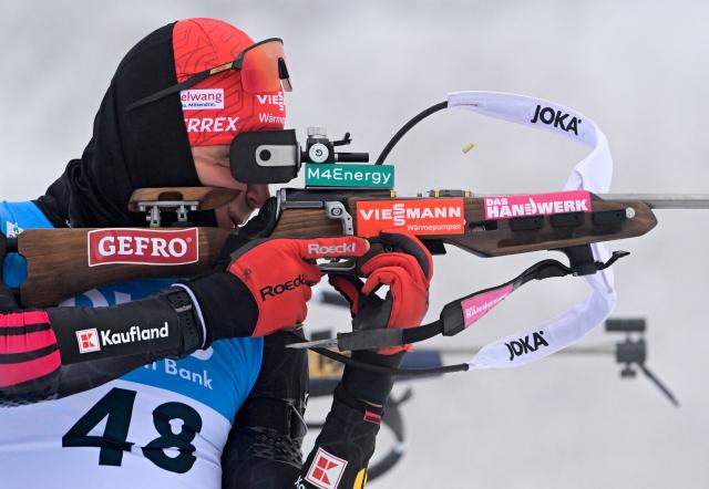 Germany's Philipp Nawrath is pictured during the zeroing of the men's 10km sprint competition of the IBU Biathlon World Cup in Oberhof, eastern Germany on January 8, 2026. (Photo by Tobias SCHWARZ / AFP)