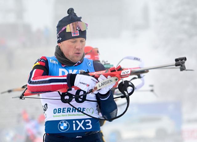 Norway's Johannes Dale-Skjevdal is pictured during the zeroing of the men's 10km sprint competition of the IBU Biathlon World Cup in Oberhof, eastern Germany on January 8, 2026. (Photo by Tobias SCHWARZ / AFP)