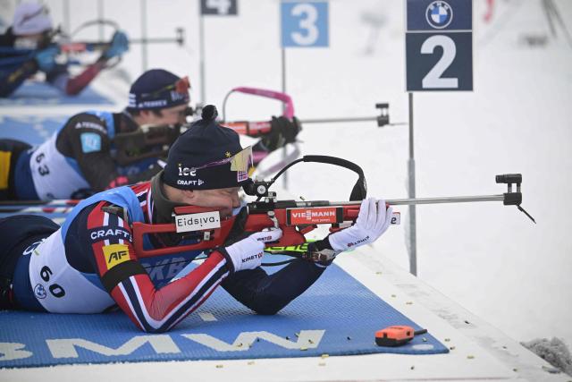 Norway's Johannes Dale-Skjevdal is pictured during the zeroing of the men's 10km sprint competition of the IBU Biathlon World Cup in Oberhof, eastern Germany on January 8, 2026. (Photo by Tobias SCHWARZ / AFP)