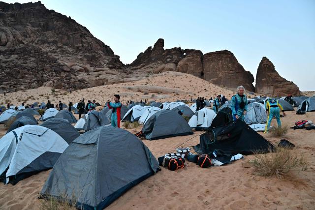 A general view of the refuel bivouac for Stage 5 of the 48th edition of the Dakar Rally 2026, between Al-Ula and Hail, Saudi Arabia, on January 8, 2026. (Photo by Giuseppe CACACE / AFP)