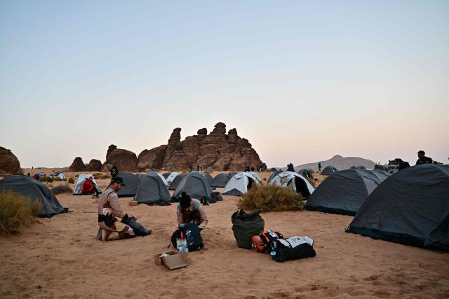A general view of the refuel bivouac for Stage 5 of the 48th edition of the Dakar Rally 2026, between Al-Ula and Hail, Saudi Arabia, on January 8, 2026. (Photo by Giuseppe CACACE / AFP)