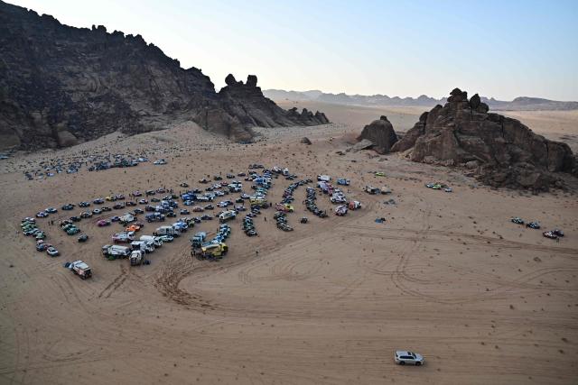 A general view of the he refuel bivouac for Stage 5 of the 48th edition of the Dakar Rally 2026, between Al-Ula and Hail, Saudi Arabia, on January 8, 2026. (Photo by Giuseppe CACACE / AFP)