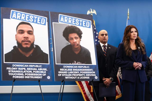 US Secretary of Homeland Security Kristi Noem (R) looks on during a press conference to discuss ICE operations in New York City on January 8, 2026. (Photo by TIMOTHY A.CLARY / AFP)