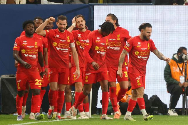 Qadsiah players celebrate their first goal during the Saudi Pro League football match between Al-Nassr FC and Al-Qadsiah at al-Awwal Park stadium in Riyadh on January 8, 2026. (Photo by Fayez NURELDINE / AFP)