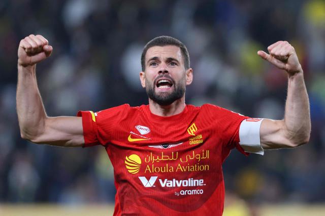 Qadsiah's Spanish defender #6 Nacho celebrtates his team's victory in the Saudi Pro League football match between Al-Nassr FC and Al-Qadsiah at al-Awwal Park stadium in Riyadh on January 8, 2026. (Photo by Fayez NURELDINE / AFP)
