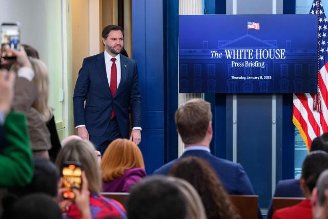 US Vice President JD Vance arrives for a press briefing in the Brady Briefing Room at the White House in Washington, DC on January 8, 2026. Vance on Thursday doubled down on the Trump administration's description of a federal immigration agent shooting dead a woman in Minneapolis as being in "self-defense," a characterization disputed by local authorities. (Photo by Mandel NGAN / AFP)