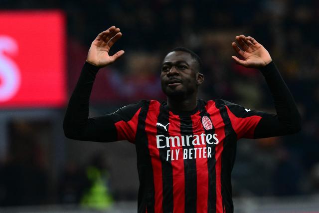 AC Milan's French midfielder #19 Youssouf Fofana reacts during the Italian Serie A football match between AC Milan and Genoa at San Siro stadium in Milan, northern Italy, on January 8, 2025. (Photo by Stefano RELLANDINI / AFP)