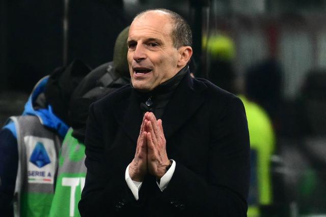 AC Milan's Italian coach Massimiliano Allegri reacts during the Italian Serie A football match between AC Milan and Genoa at San Siro stadium in Milan, northern Italy, on January 8, 2025. (Photo by Stefano RELLANDINI / AFP)
