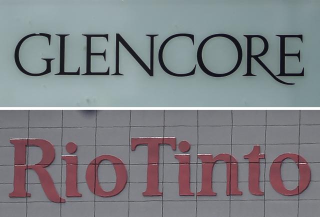 (COMBO) This combination of file images made on January 8, 2026, shows (top) the logo of commodity trading and mining company giant Glencore in Baar on May 28, 2025; and (bottom) the logo of global mining and metals company Rio Tinto in Perth on November 24, 2025. Swiss mining and commodity trading giant Glencore said early on January 9, 2026, it is in merger talks with British-Australian rival Rio Tinto. (Photo by Fabrice COFFRINI and Saeed KHAN / AFP)