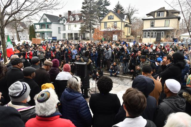 Clergy, faith and community leaders gather to call for ICE to leave the community following the fatal shooting of Renee Good during a law enforcement operation in Minneapolis, Minnesota, on January 8, 2026. A US Immigration and Customs Enforcement (ICE) agent shot and killed an American woman on the streets of Minneapolis January 7, leading to huge protests and outrage from local leaders who rejected White House claims she was a domestic terrorist. The woman, identified in local media as 37-year-old Renee Nicole Good, was hit at point blank range as she apparently tried to drive away from agents who were crowding around her car, which they said was blocking their way. (Photo by Octavio JONES / AFP)