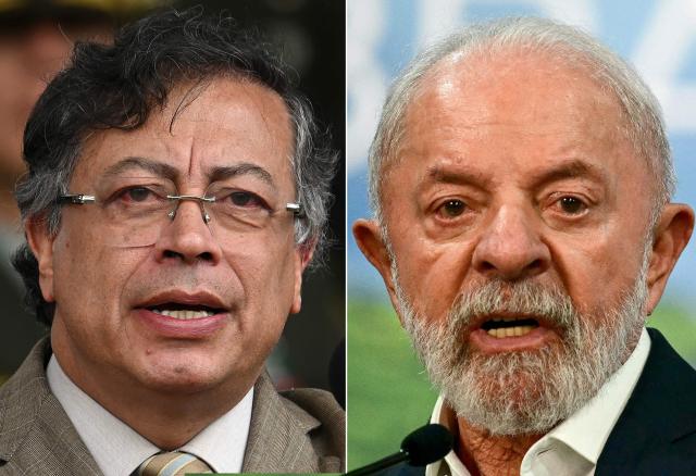 (COMBO) This combination of pictures created on January 08, 2026 shows Colombia's President Gustavo Petro delivers a speech during the commemoration of the 134th anniversary of the National Police and the promotion of officers at the General Santander Police Academy in Bogota on November 13, 2025 and Brazil's President Luiz Inacio Lula da Silva speaks during a press conference at the COP30 UN Climate Change Conference in Belem, Para state, Brazil, on November 19, 2025. The presidents of Brazil and Colombia, Luiz Inacio Lula da Silva and Gustavo Petro, on January 8, 2026, welcomed the release of prisoners in Venezuela, the Brazilian presidency said, after a phone call between the two leaders to discuss the crisis in the neighboring country. (Photo by Pablo PORCIUNCULA and Raul ARBOLEDA / AFP)