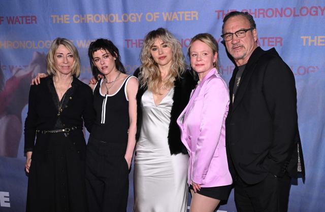(L/R) US singer Kim Gordon, US director, writer, actress Kristen Stewart, English actress Imogen Poots, US actress Thora Birch and US actor Jim Belushi attend the LA premiere of "The Chronology of Water" at 2220 Arts & Archives in Los Angeles on January 8, 2026. (Photo by Lisa O'CONNOR / AFP)