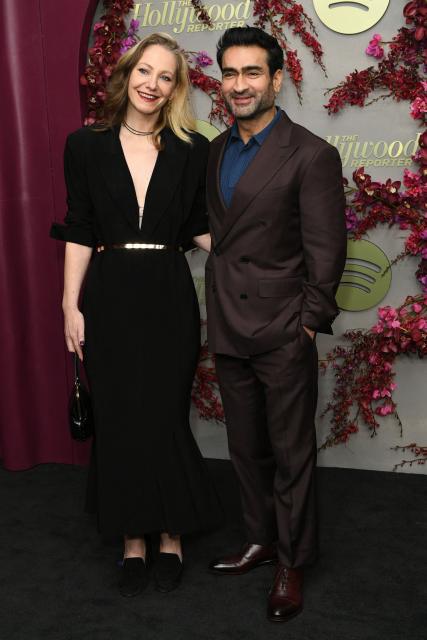 Pakistani-US actor Kumail Nanjiani (R) and his wife Emily V. Gordon attend the Hollywood Reporter and Spotify Golden Globe nominees night at The Lot at Formosa in Los Angeles on January 8, 2026. (Photo by Unique Nicole / AFP)