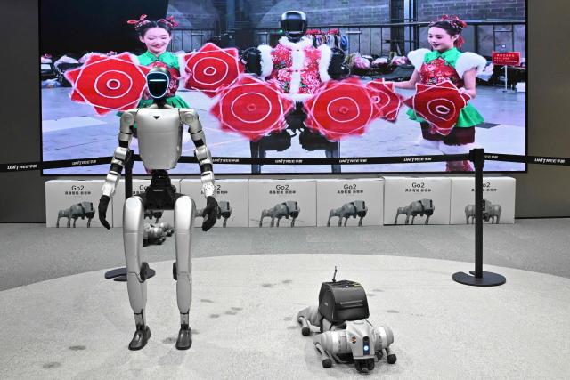 The Go2 robot (R) and G1 humanoid robot are pictured on display at robotics company Unitree's first retail store in Beijing in January 9, 2026. (Photo by Adek BERRY / AFP)