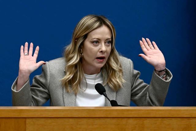 Italy's Prime Minister, Giorgia Meloni speaks during the New Year press conference in Rome on January 9, 2026. (Photo by Filippo MONTEFORTE / AFP)
