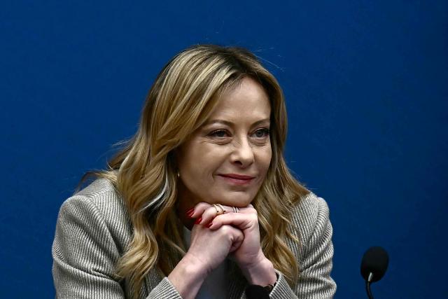 Italy's Prime Minister, Giorgia Meloni faces journalists during the New Year press conference in Rome on January 9, 2026. (Photo by Filippo MONTEFORTE / AFP)