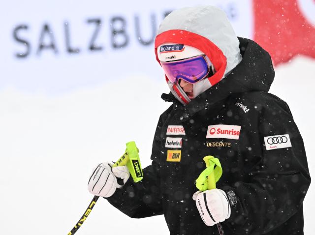 Switzerland's Jasmine Flury is pictured after the cancellation of the second training for the women's downhill race of the FIS Alpine Ski World Cup in Zauchensee, Austria on January 9, 2026. (Photo by BARBARA GINDL / APA / AFP) / Austria OUT