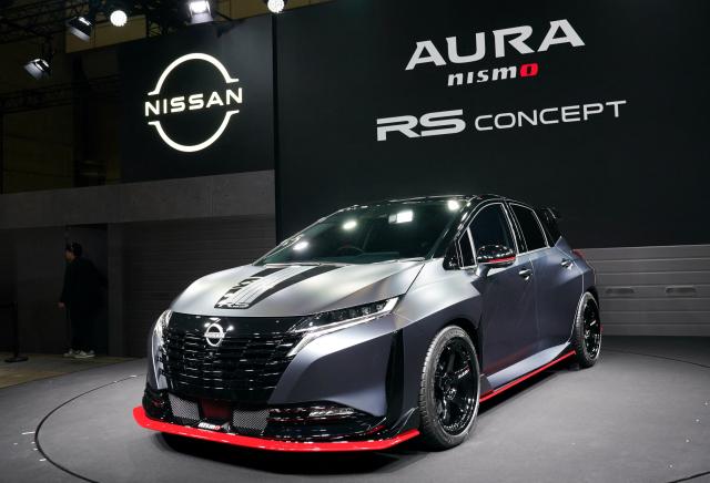 The Aura NISMO RS Concept is displayed at the Nissan booth during the Tokyo Auto Salon 2026 at Makuhari Messe in Chiba City on January 9, 2026. (Photo by Kazuhiro NOGI / AFP)
