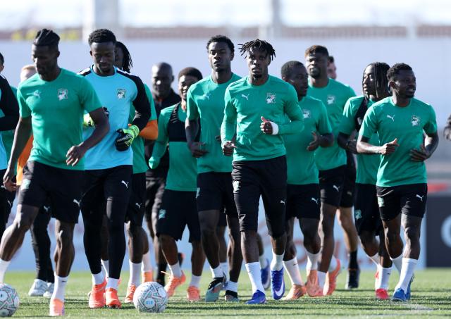 Ivory Coast's players attend a training session at the Agadir Stadium, Morocco, on January 9, 2026, on the eve of the Africa Cup of Nations (CAN) round of the quarter-final football match between Egypt and Ivory Coast. (Photo by FRANCK FIFE / AFP)