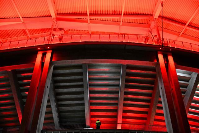 A steward stands in the tribune prior to the German first division Bundesliga football match between Eintracht Frankfurt and BVB Borussia Dortmund in Frankfurt am Main, western Germany, on January 9, 2026. (Photo by Kirill KUDRYAVTSEV / AFP) / DFL REGULATIONS PROHIBIT ANY USE OF PHOTOGRAPHS AS IMAGE SEQUENCES AND/OR QUASI-VIDEO