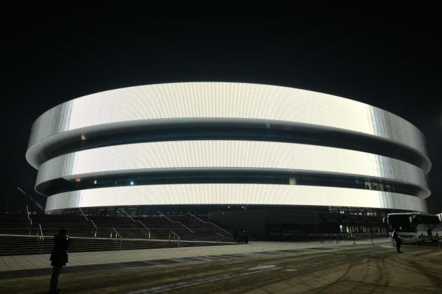 This photograph shows the Santagiulia Ice Hockey Arena prior the Milano Hockey Finals,  as part of Milano Cortina 2026 Olympic Games test event, in Milan on Januray 9, 2026. (Photo by Stefano RELLANDINI / AFP)
